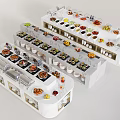 Elegant White Buffet Tables With Various Foods And Utensils Arranged On