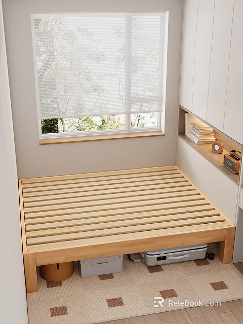 Wooden Double Bed Frame by Window with Blinds Green Plants Outside and White Cabinets 3d model 