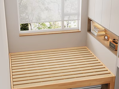 Wooden Double Bed Frame by Window with Blinds Green Plants Outside and White Cabinets 3d model