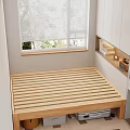 Wooden Double Bed Frame by Window with Blinds Green Plants Outside and White Cabinets