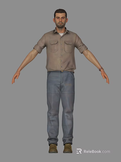 Man in Brown Shirt and Blue Pants with Naturally Hanging Arms on Gray Background 3d model