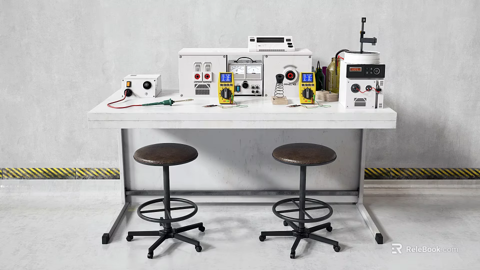 Functional Workbench Featuring Electronic Instruments Tools Power Supplies And Two Stools 3d model 