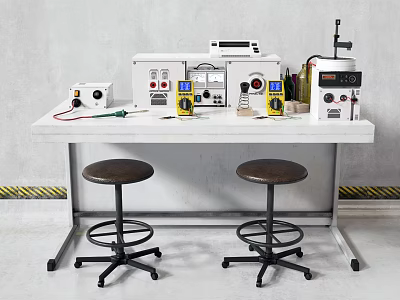 Functional Workbench Featuring Electronic Instruments Tools Power Supplies And Two Stools 3d model