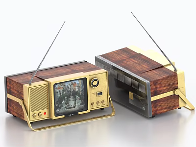 Vintage Household Electrical Appliances With Wooden And Gold Design And Antennas 3d model