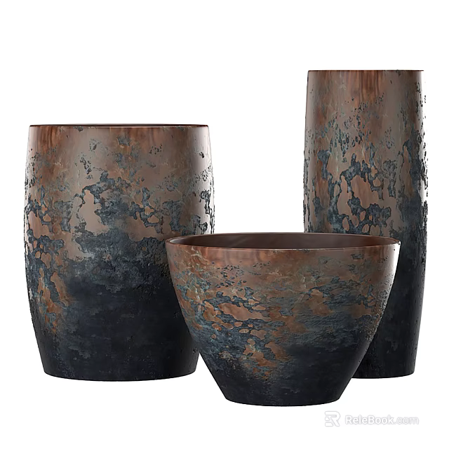Ceramic Vessels With Textured Brown Blue Patterns And Unique Design For Home Decor 3d model