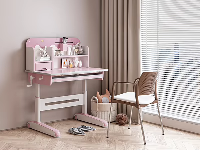 Pink Study Desk With Shelf Decorative Items And Woven Chair Near Window Blinds 3d model