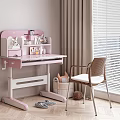 Pink Study Desk With Shelf Decorative Items And Woven Chair Near Window Blinds