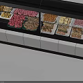 Assorted Fresh Food Display Counter Featuring Various Meats Fruits And Pastries Arranged Neatly