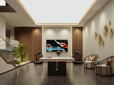 Modern Basement Interior Design With TV Fitness Equipment Table Chairs Green Plants And Decorative Paintings 3d model