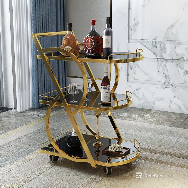 Elegant Gold Multi tiered Wine Trolley Rack With Wine Bottles And Glasses 3d model 