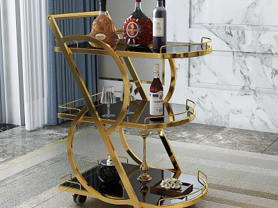 Elegant Gold Multi tiered Wine Trolley Rack With Wine Bottles And Glasses 3d model