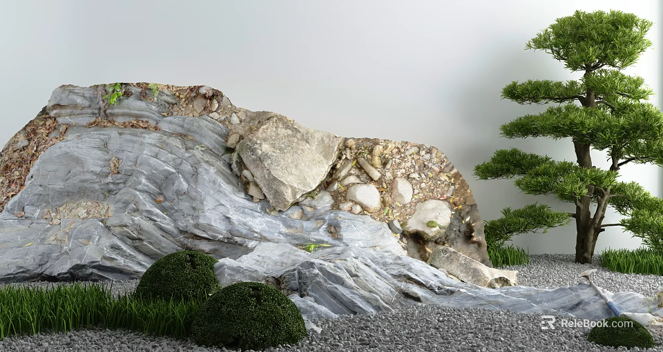 Traditional Japanese Dry Landscape Garden With Raked Gravel Moss Covered Rocks And Shrubs 3d model 