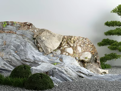 Traditional Japanese Dry Landscape Garden With Raked Gravel Moss Covered Rocks And Shrubs 3d model