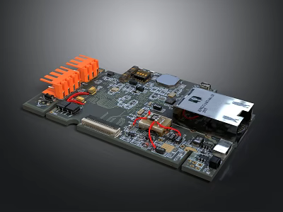 Electronic Circuit Board Featuring Orange Connectors USB Port And Integrated Chips 3d model