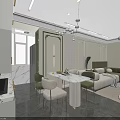 Modern Living And Dining Room With White Sofa Green Cushions Round Coffee Table And Chandelier