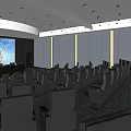 Modern Conference Room With Rows Of Seats Large Screen Data Display And Bright Lighting