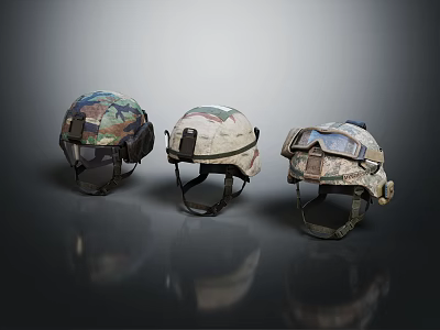 Three Tactical Military Helmets With Camouflage Patterns And Protective Visors 3d model