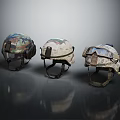 Three Tactical Military Helmets With Camouflage Patterns And Protective Visors