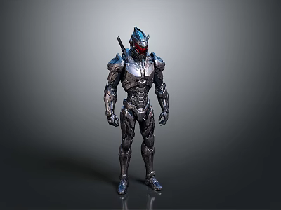 Futuristic Armored Warrior Character With Silver Mechanical Armor And Red Eyes 3d model