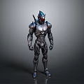 Futuristic Armored Warrior Character With Silver Mechanical Armor And Red Eyes
