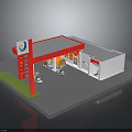 Gas Station Building Featuring Red Roof Fuel Pumps Convenience Store and Signboard