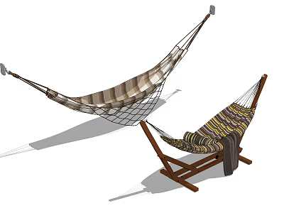 Two Striped Hammocks One Suspended and One with Wooden Stand for Outdoor Relaxation 3d model