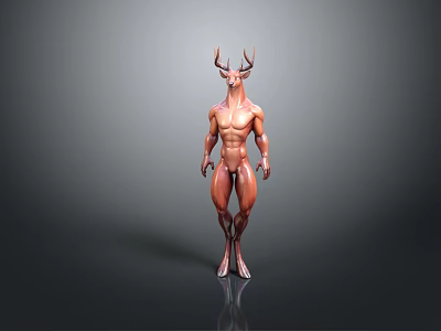 Muscular Deer Head Humanoid Game Movie Character With Anatomical Details Standing Pose And Gray Background 3d model