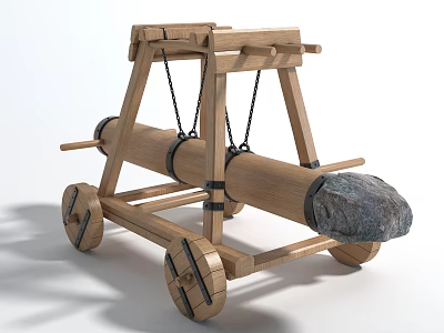 Ancient Wooden Catapult With Wheeled Structure And Stone Projectile For Medieval Siege Warfare 3d model