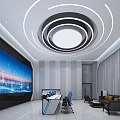 Modern Monitoring Room With Large Cityscape Display Screen Multiple Chairs And Ceiling Lighting