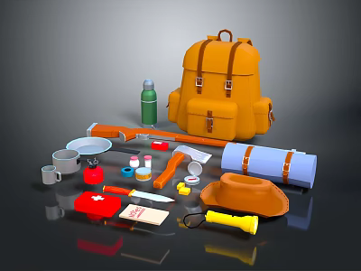 Decorative Ornament Set with Orange Backpack Green Water Bottle Camping Gear and Outdoor Accessories 3d model