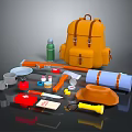 Decorative Ornament Set with Orange Backpack Green Water Bottle Camping Gear and Outdoor Accessories