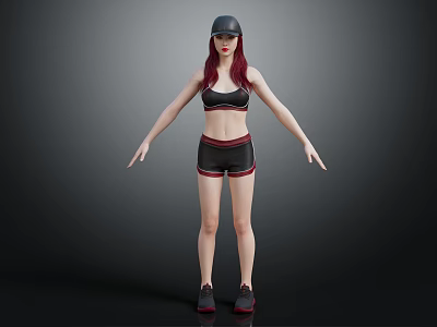 A Woman with Red Hair Wearing Black Cap Sports Bra Shorts Sneakers Against Dark Background 3d model