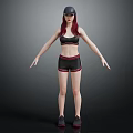 A Woman with Red Hair Wearing Black Cap Sports Bra Shorts Sneakers Against Dark Background