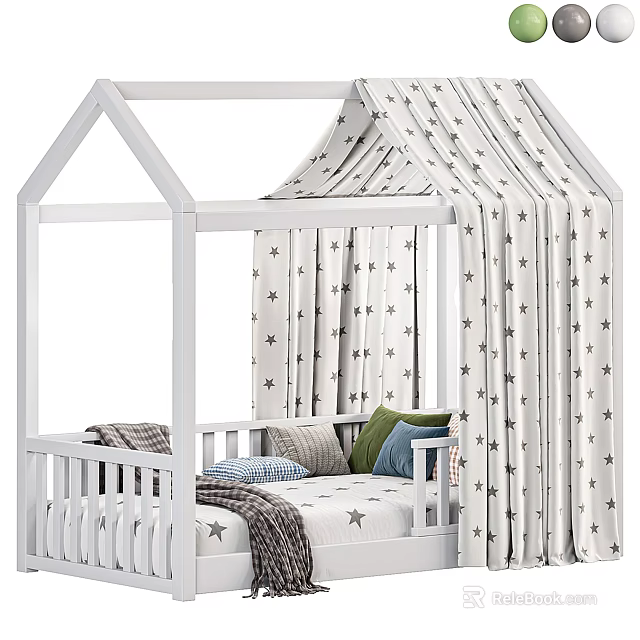 House Shaped Kids Bed With White Frame Star Patterned Curtains Pillows And Blankets 3d model