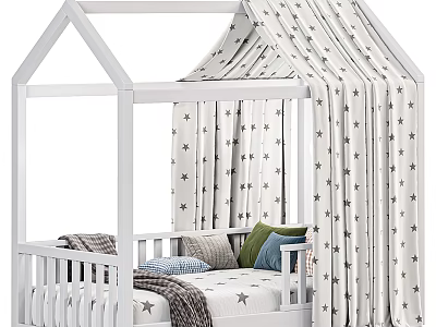House Shaped Kids Bed With White Frame Star Patterned Curtains Pillows And Blankets 3d model