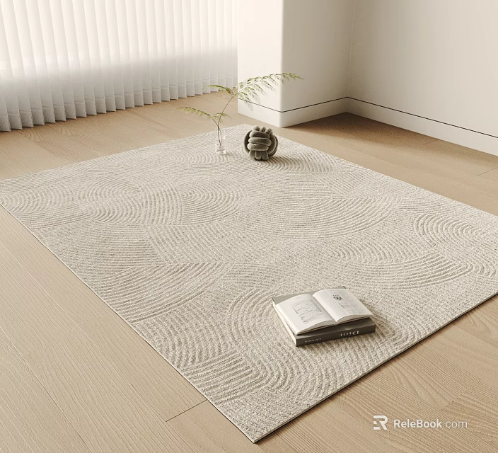Light Beige Square Rug with Wavy Pattern and Open Book on Wooden Floor Interior Room 3d model 