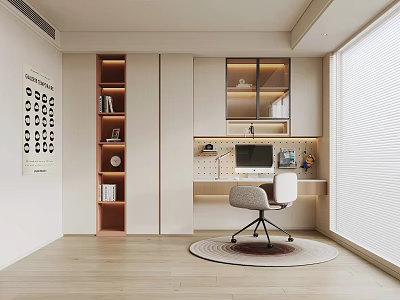 Modern Bookcase Interior Design In Study Room With Wooden Shelves And Glass Doors 3d model