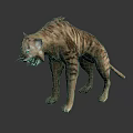 Realistic 3D Model Of Striped Prehistoric Big Cat Standing With Open Mouth