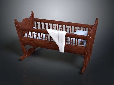 Brown Wooden Baby Crib With Railing White Blanket And Soft Pillow 3d model