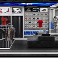 Modern Clothing Store Interior With Colorful Apparel Window Display And Red Blue White Fashion Racks