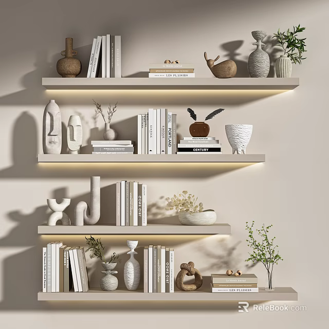 Stylish Decorative Ornament Combinations On Illuminated Floating Shelves With Books Ceramics And Plants 3d model 