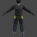 Man In Tactical Gear With Black Helmet Balaclava Red Eyes And Yellow Striped Arms