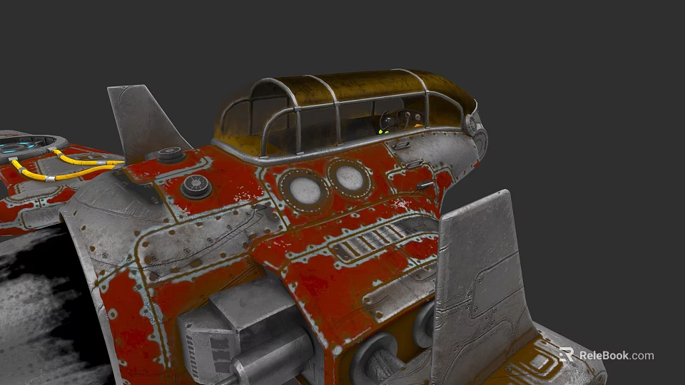 Vintage Aircraft Cockpit With Rusty Red Silver Metal Canopy Worn Details And Dials 3d model 