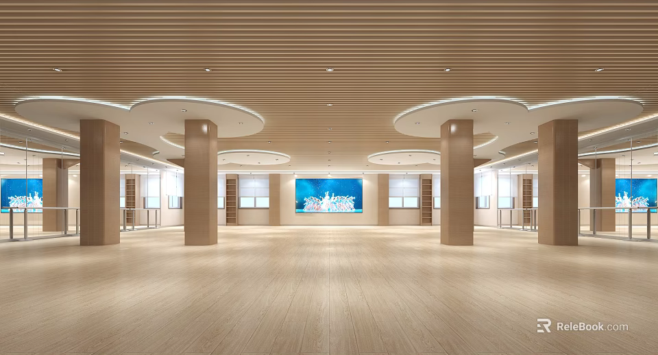 Spacious Indoor Sports Fitness Center Wooden Floor Circular Ceiling Lights Columns Blue Screen 3d model 