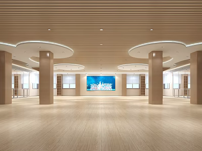 Spacious Indoor Sports Fitness Center Wooden Floor Circular Ceiling Lights Columns Blue Screen 3d model