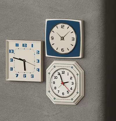 Vintage Decorative Clocks Featuring Different Shapes White Dials And Blue Borders 3d model
