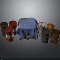 Multiple Red Gray Orange Rustic Industrial Storage Drums With Blue Cloth Covered Equipment