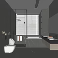 Modern Dark Bathroom Interior With Glass Shower Enclosure Bathtub Vanity And Storage Cabinets