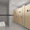 Public Toilet Exterior View With Beige Walls Front Green Shrubs Against Urban Tall Buildings