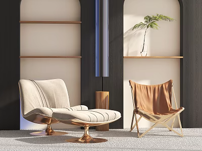 Stylish Lounge Chairs With Beige Striped Design Brass Base And Brown Wooden Frame In Modern Interior 3d model